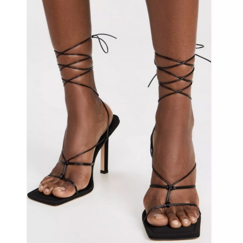 NWT Good American‎ Cage Slanted Sandals Neoprene Black Lace Up Heel Size 5 - Picture 7 of 15